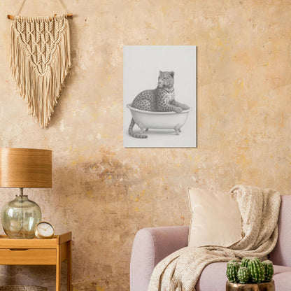Sophisticated Leopard in Bathtub Art Print – Elegant Monochromatic Wall Decor in Various Sizes