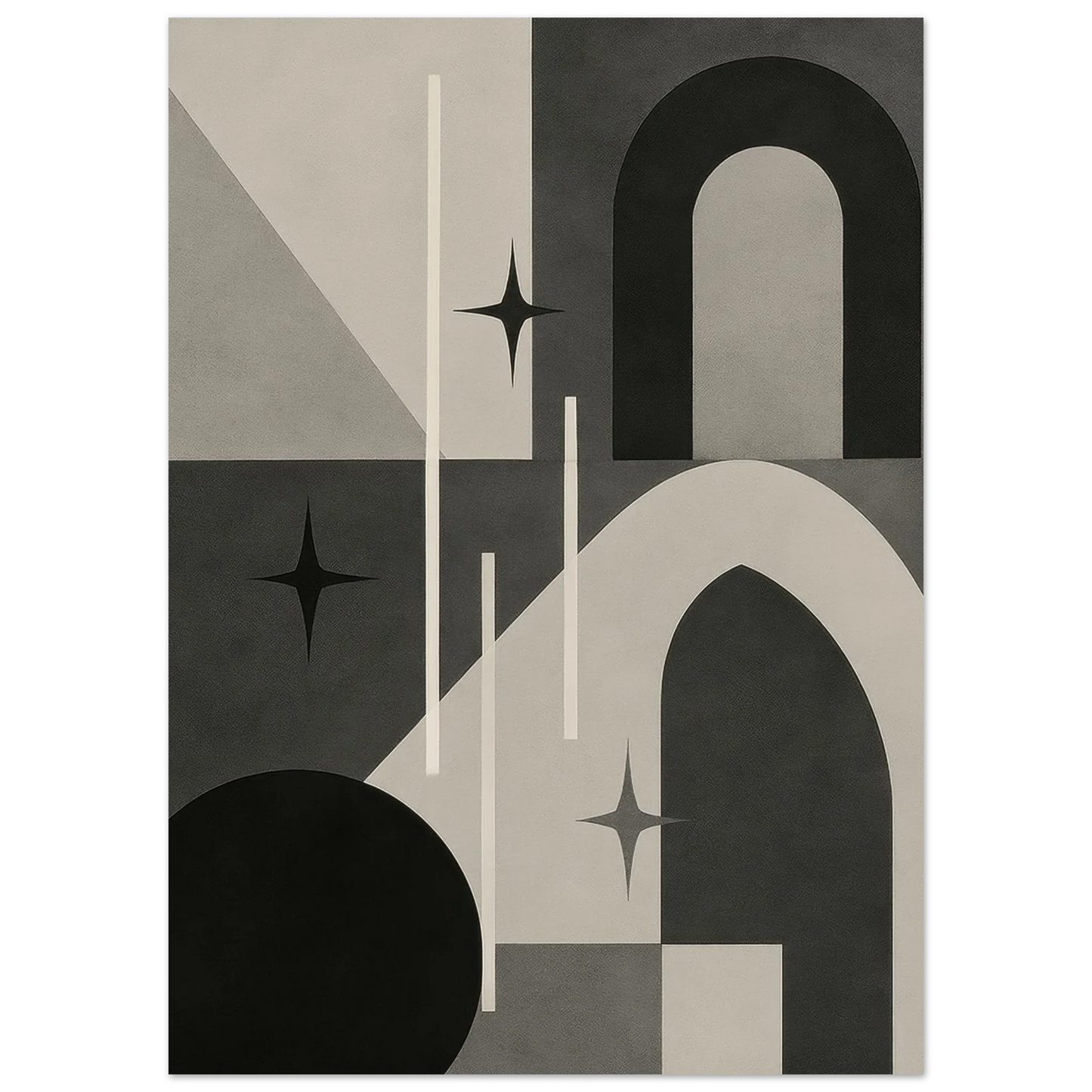 Minimalist Cosmic Abstraction Poster Print - Black, White & Grey Geometric Art