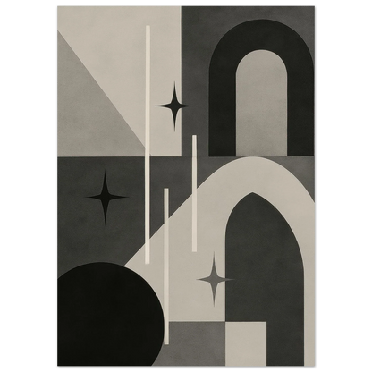 Minimalist Cosmic Abstraction Poster Print - Black, White & Grey Geometric Art