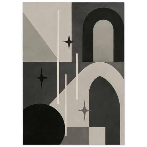 Minimalist Cosmic Abstraction Poster Print - Black, White & Grey Geometric Art