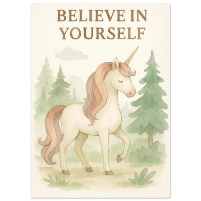 Magical Unicorn 'Believe in Yourself' Art Print – Whimsical Nursery & Kids Room Decor
