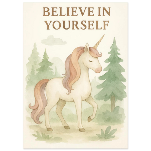 Magical Unicorn 'Believe in Yourself' Art Print – Whimsical Nursery & Kids Room Decor