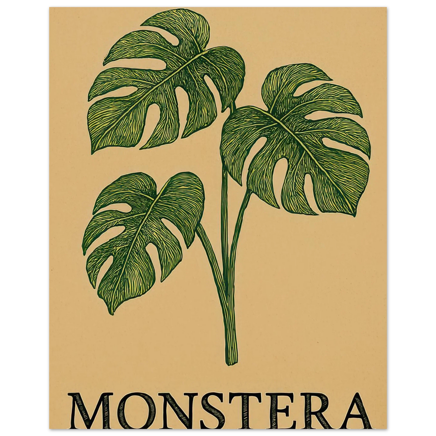 Frukter – Tropical Monstera Art Print i jordnära toner och livfulla gröna nyanser
