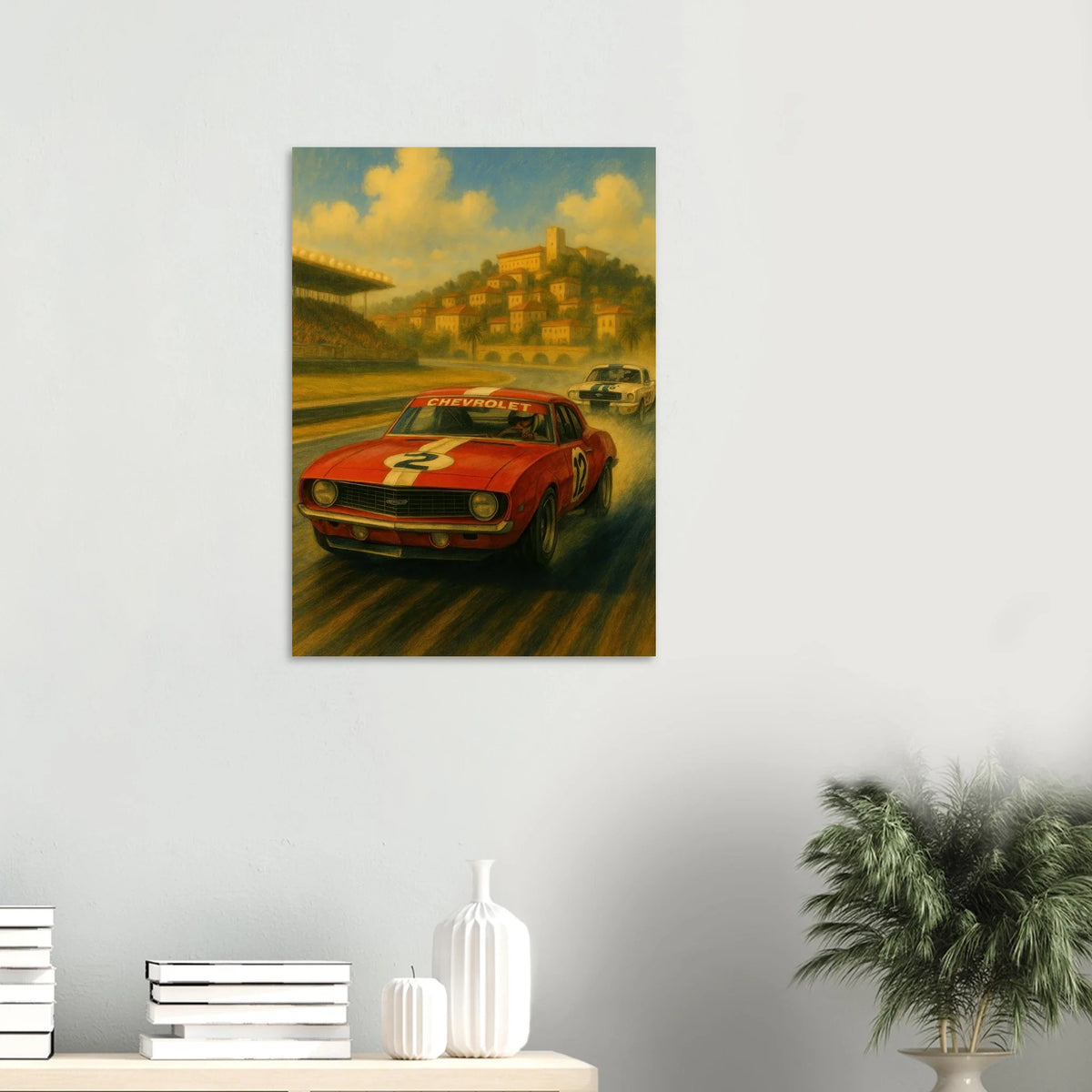 Vintage Race Day: Classic Red Sports Car Art Print – Bilar
