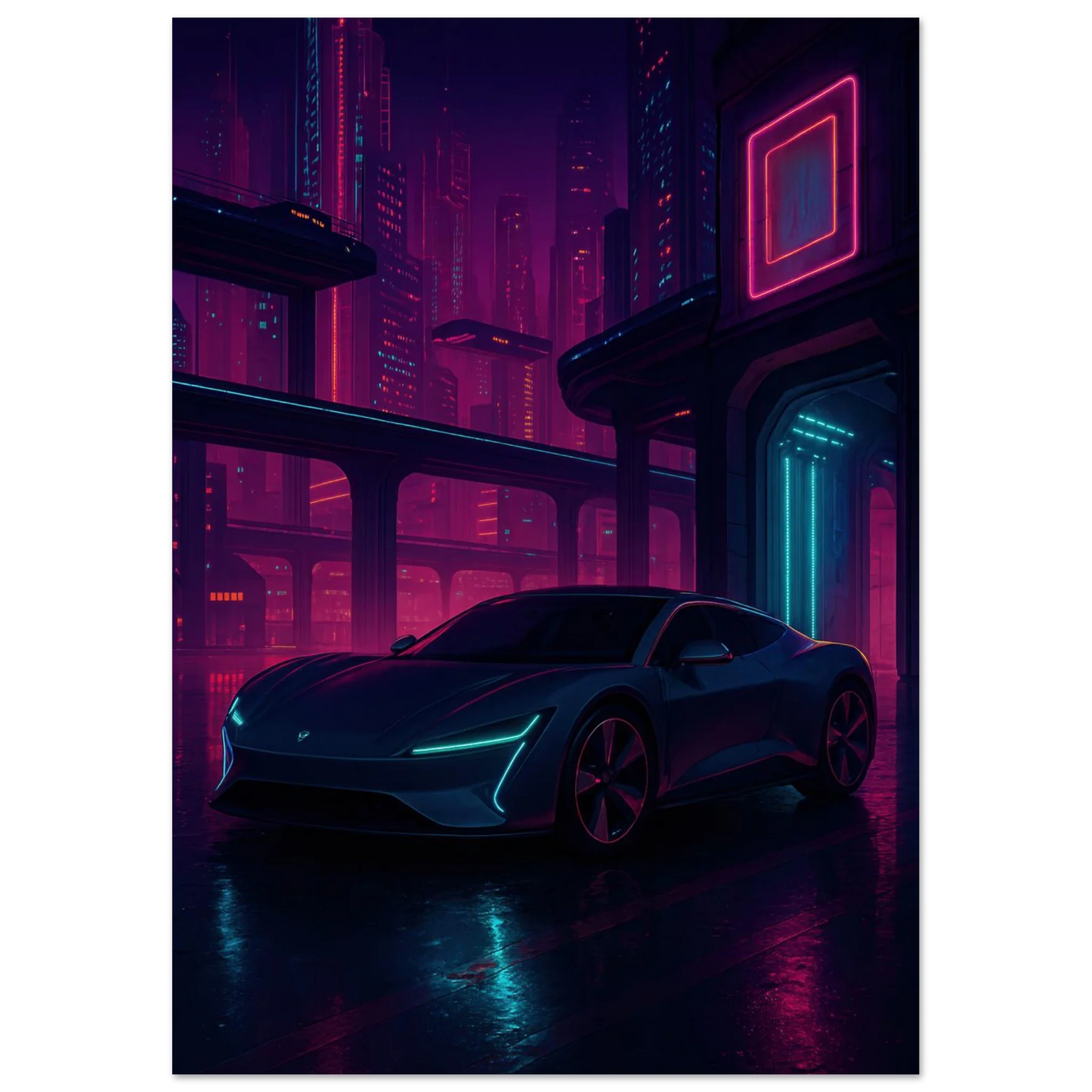 Neon Night Drive: Futuristic Cyberpunk Car Art Print – Bilar Collection
