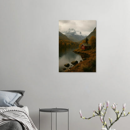 Red Cabin by the Lake: A Serene Autumn Mountain Landscape Poster