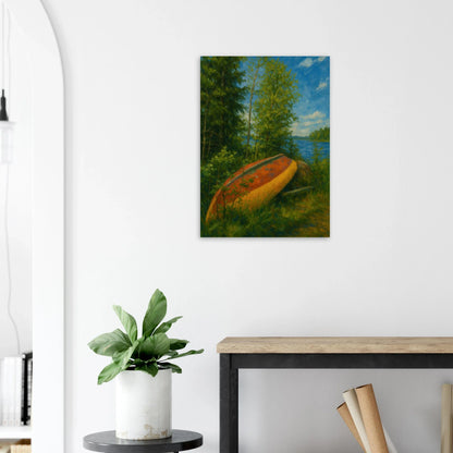 Rustic Lake Serenity: Impressionist Lakeside Canoe Art Print in Your Choice of 29 Sizes