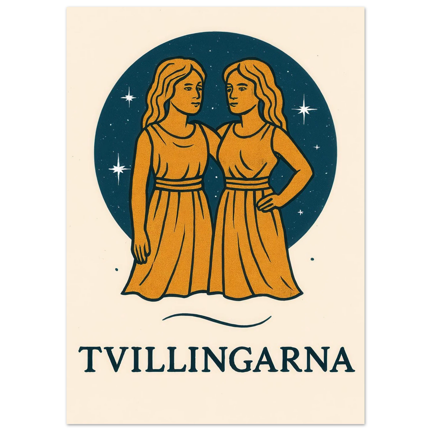 Tvillingarna Zodiac Konsttryck – Gulblå Retro Astrologisk Design Affisch
