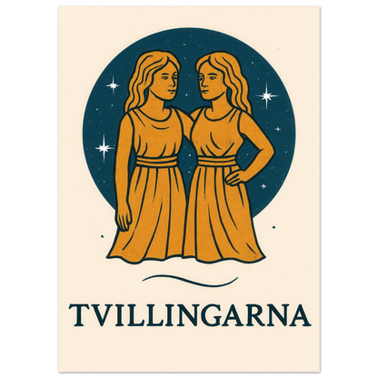 Tvillingarna Zodiac Konsttryck – Gulblå Retro Astrologisk Design Affisch