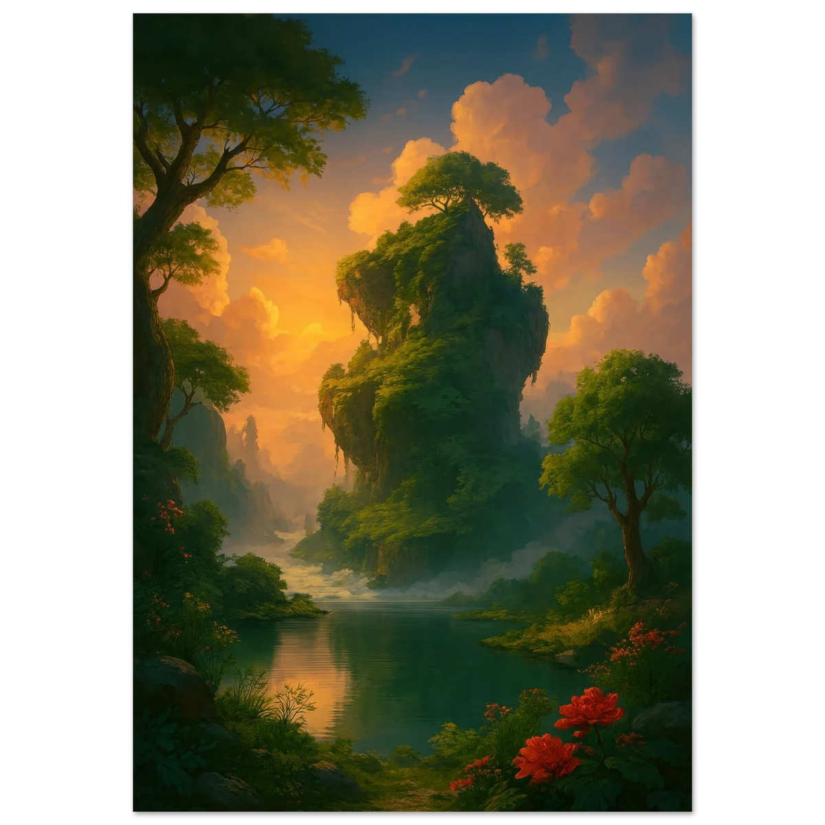 Mystical Sunset Isle: Vibrant Landscape Premium Art Poster