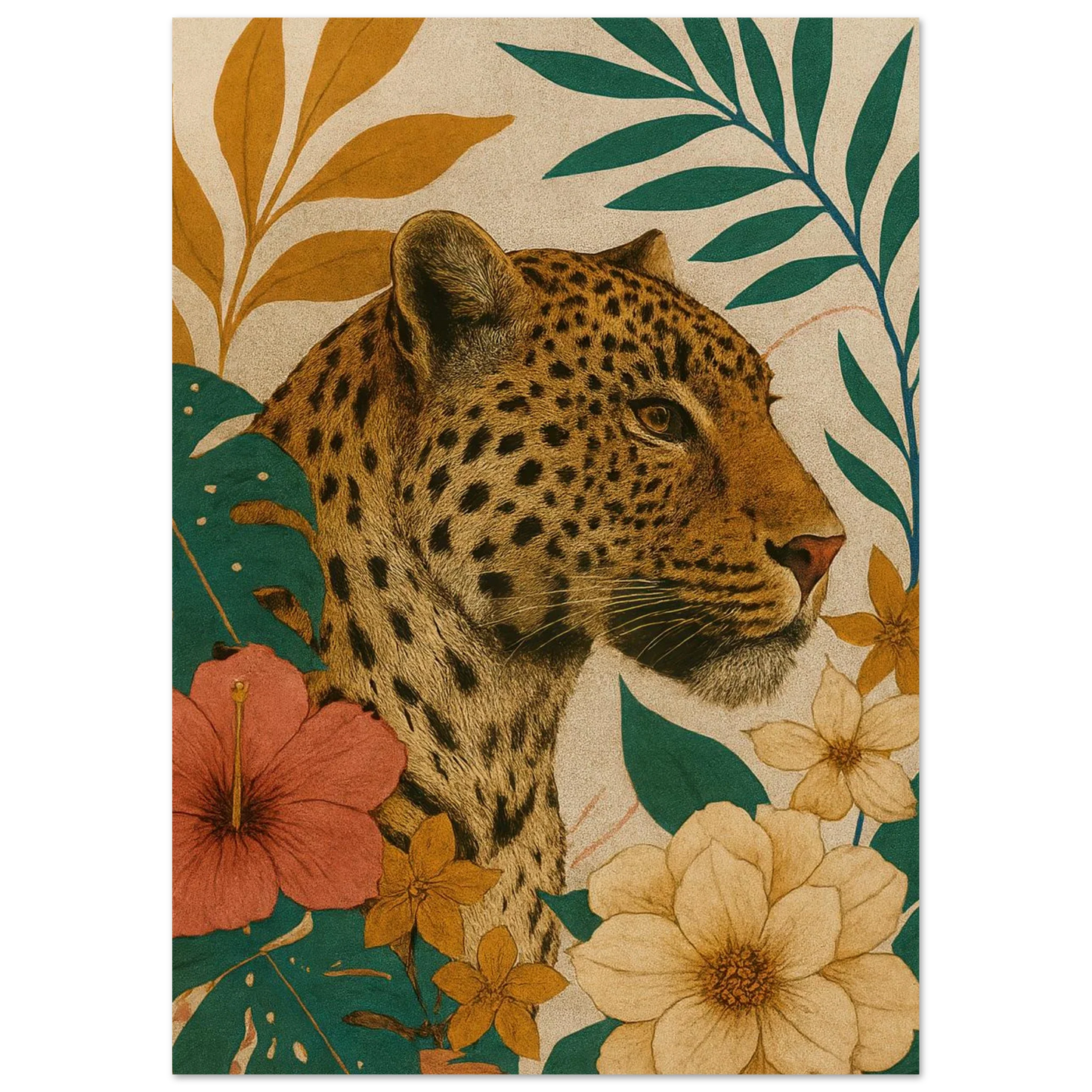 Djur: Exotisk Leopard-konsttryck i varma toner och botaniska inslag – Välj din storlek