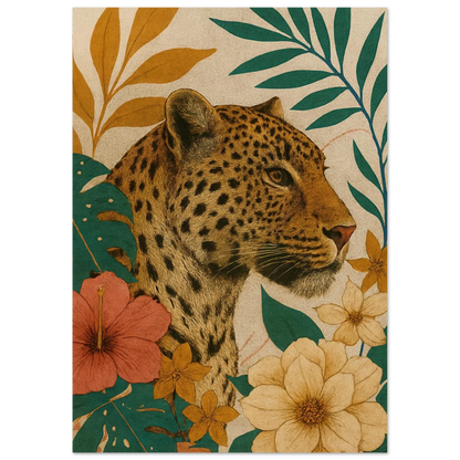 Djur: Exotisk Leopard-konsttryck i varma toner och botaniska inslag – Välj din storlek