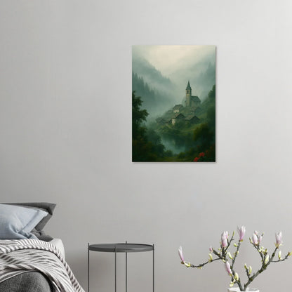 Mystical Alpine Village Foggy Landscape Poster - Evocative Mountain Scenery Art Print in Various Sizes