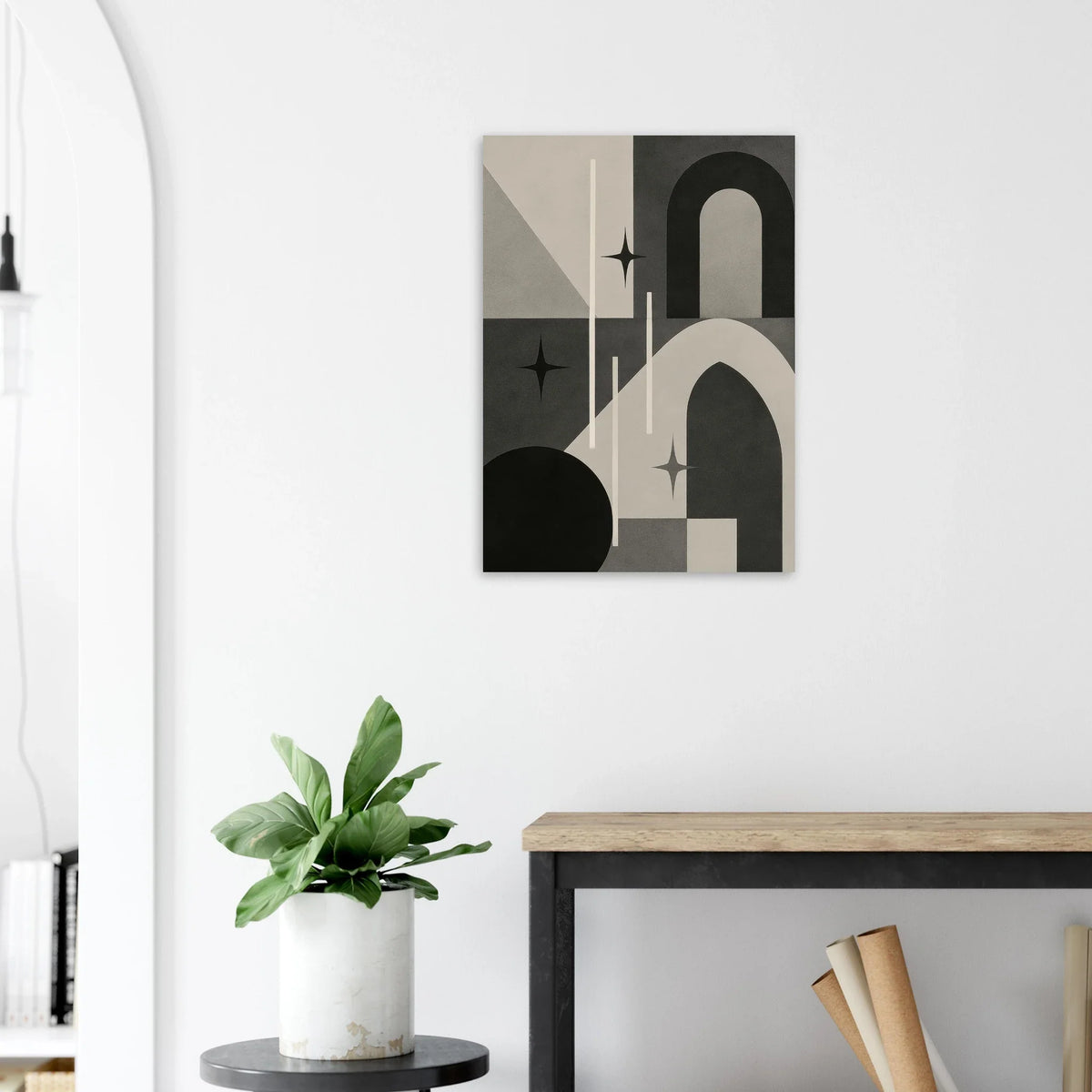 Minimalist Cosmic Abstraction Poster Print - Black, White & Grey Geometric Art