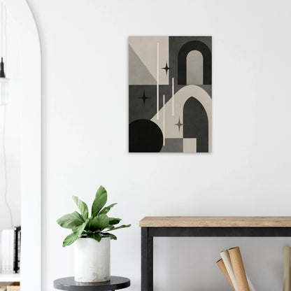 Minimalist Cosmic Abstraction Poster Print - Black, White & Grey Geometric Art