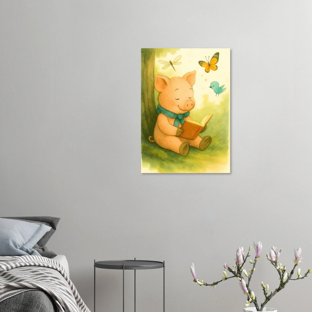 Little Reader Pig: Enchanting Watercolor Art Print for Cozy Spaces