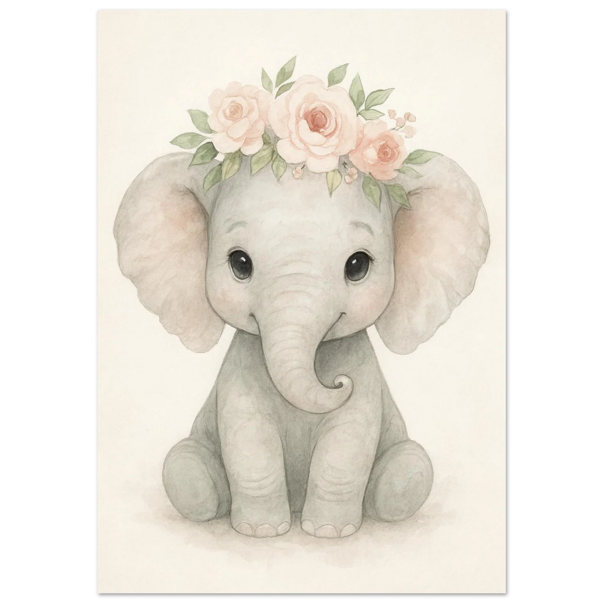 Söt Baby Elefant med Blomsterkrans – Akvarellkonsttryck för Barnrummet