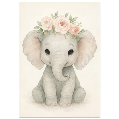 Söt Baby Elefant med Blomsterkrans – Akvarellkonsttryck för Barnrummet