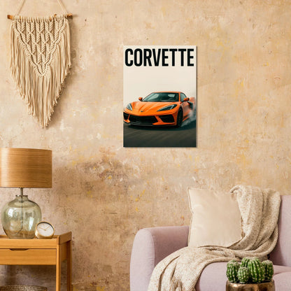 Corvette Stingray Sportbil Affisch: Ikonisk Orange Racing Konsttryck i Premiumkvalitet