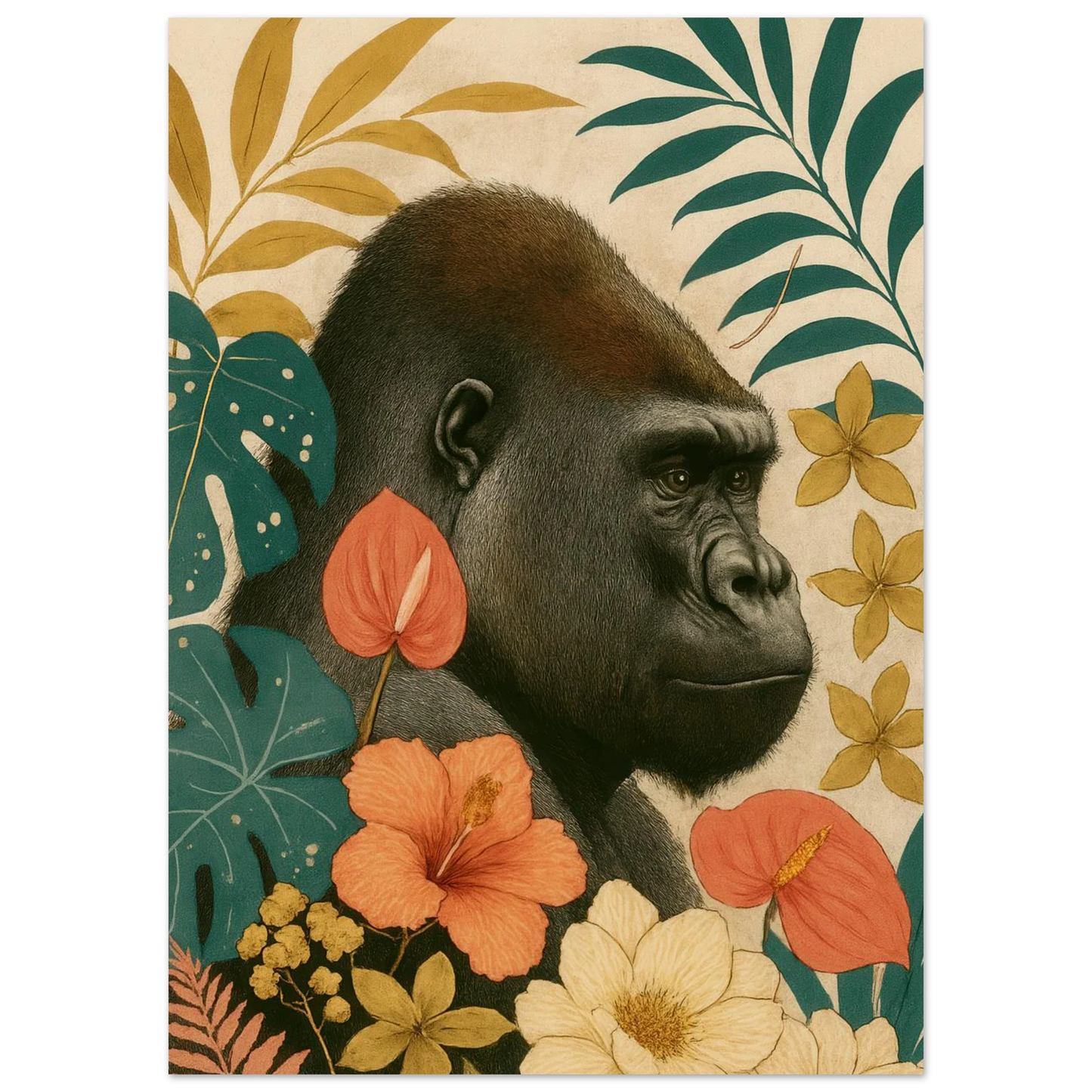 Tropisk Djungel Gorilla Konsttryck – Levande Djur & Botanik Väggkonst i Olika Storlekar