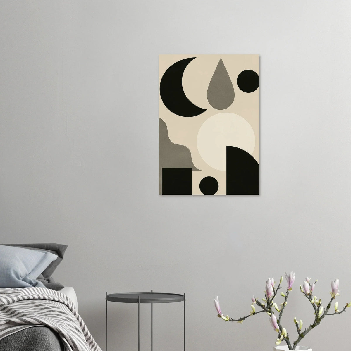 Abstract Moon & Shapes Art Print – Minimalist Black & Greige Poster