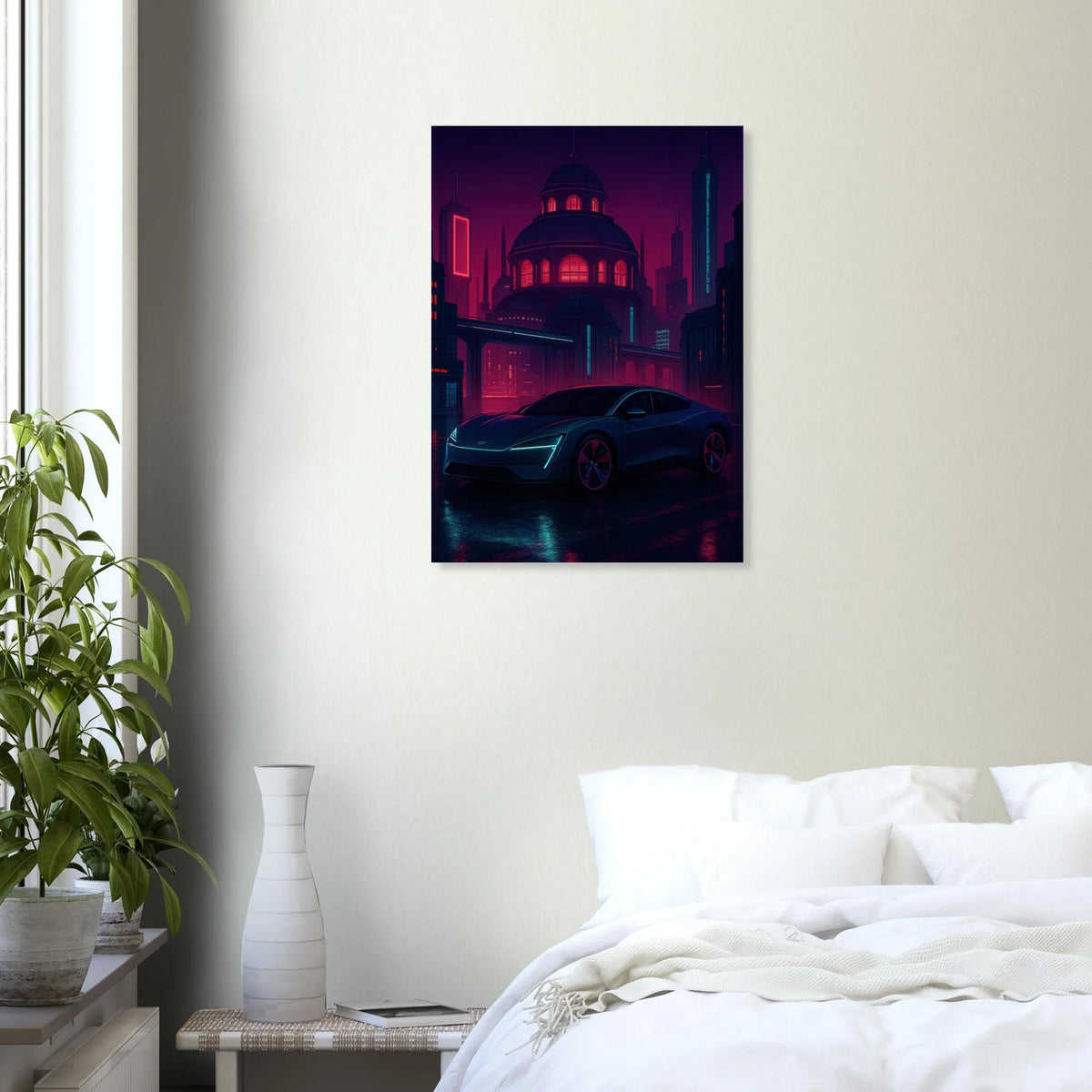 Futuristic Cyberpunk Bil Art Print – Neonstad Nattscen med Elbil