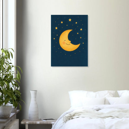 Smiling Crescent Moon & Stars Art Print – Whimsical Nursery & Kids Room Decor