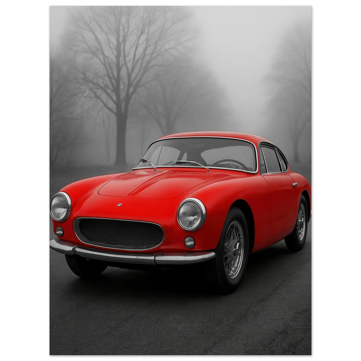 Bilar: Classic Red Sports Car Art Print – Captivating Mist Series, Available in Multiple Sizes