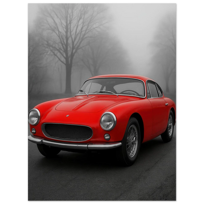 Bilar: Classic Red Sports Car Art Print – Captivating Mist Series, Available in Multiple Sizes