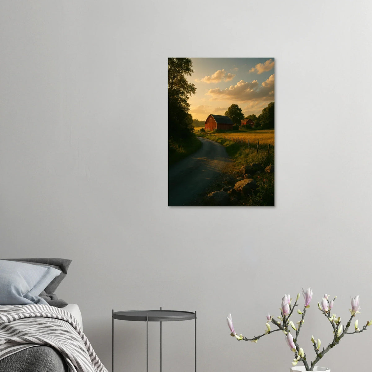 Golden Hour Farm Road Poster - Serene Rural Landscape Print for Your Home