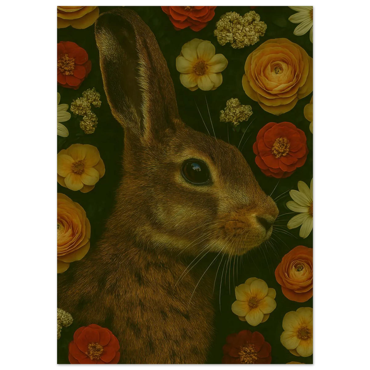 Djur - Mystisk Kanin Bland Blommor Poster - Premium Konsttryck