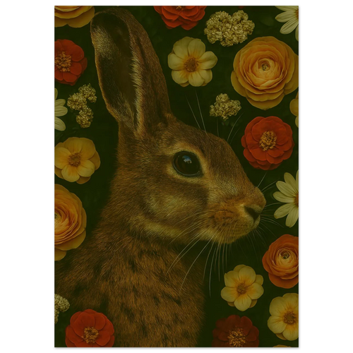 Djur - Mystisk Kanin Bland Blommor Poster - Premium Konsttryck