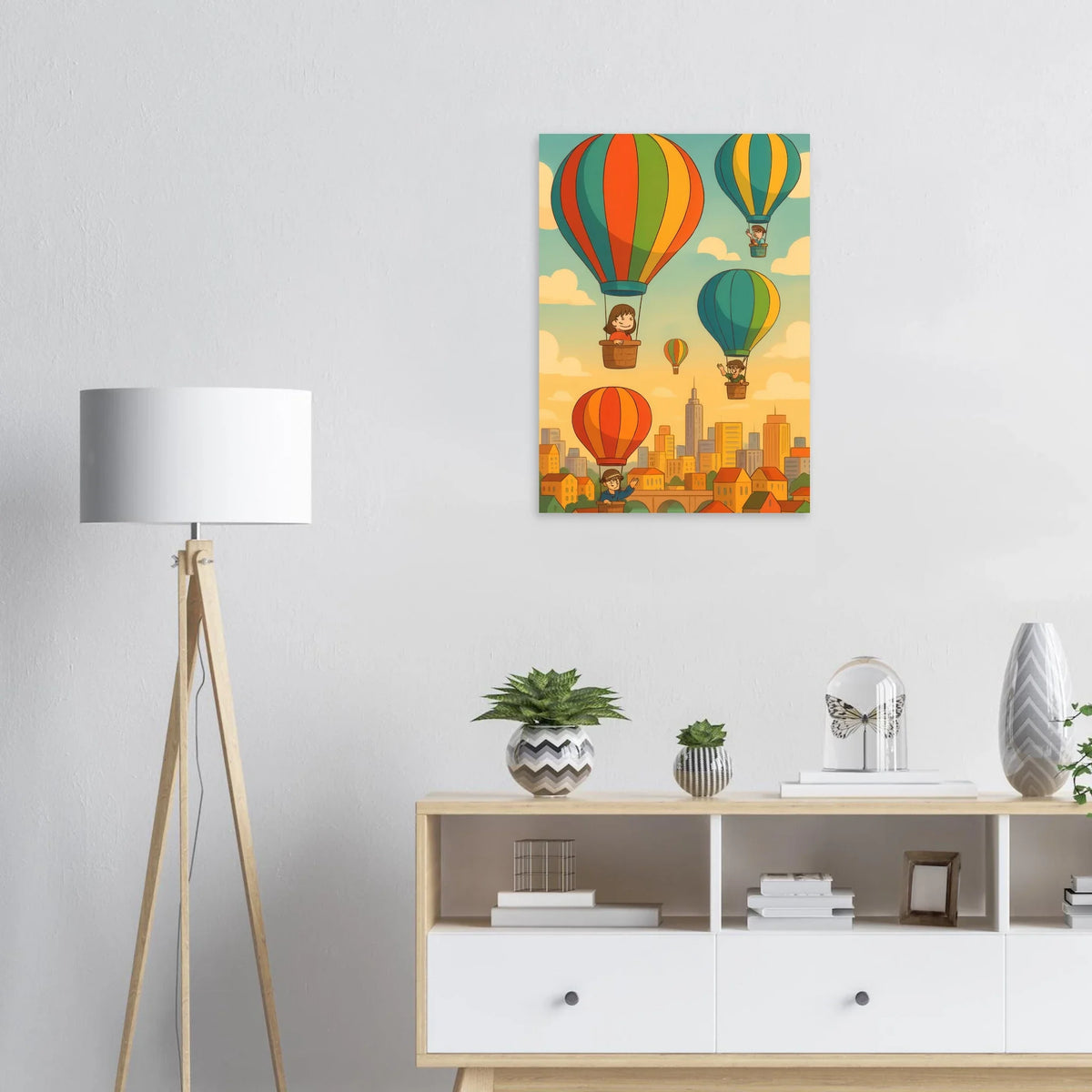Barn: Whimsical Hot Air Balloon Cityscape Art Print – Elevate Your Space with Retro Charm