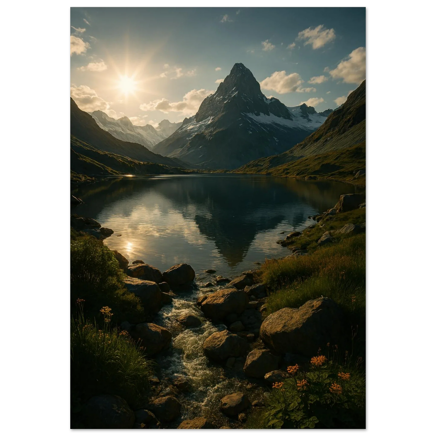 Alps Sunset Majesty: Serene Mountain Lake & Golden Light Poster in Various Sizes