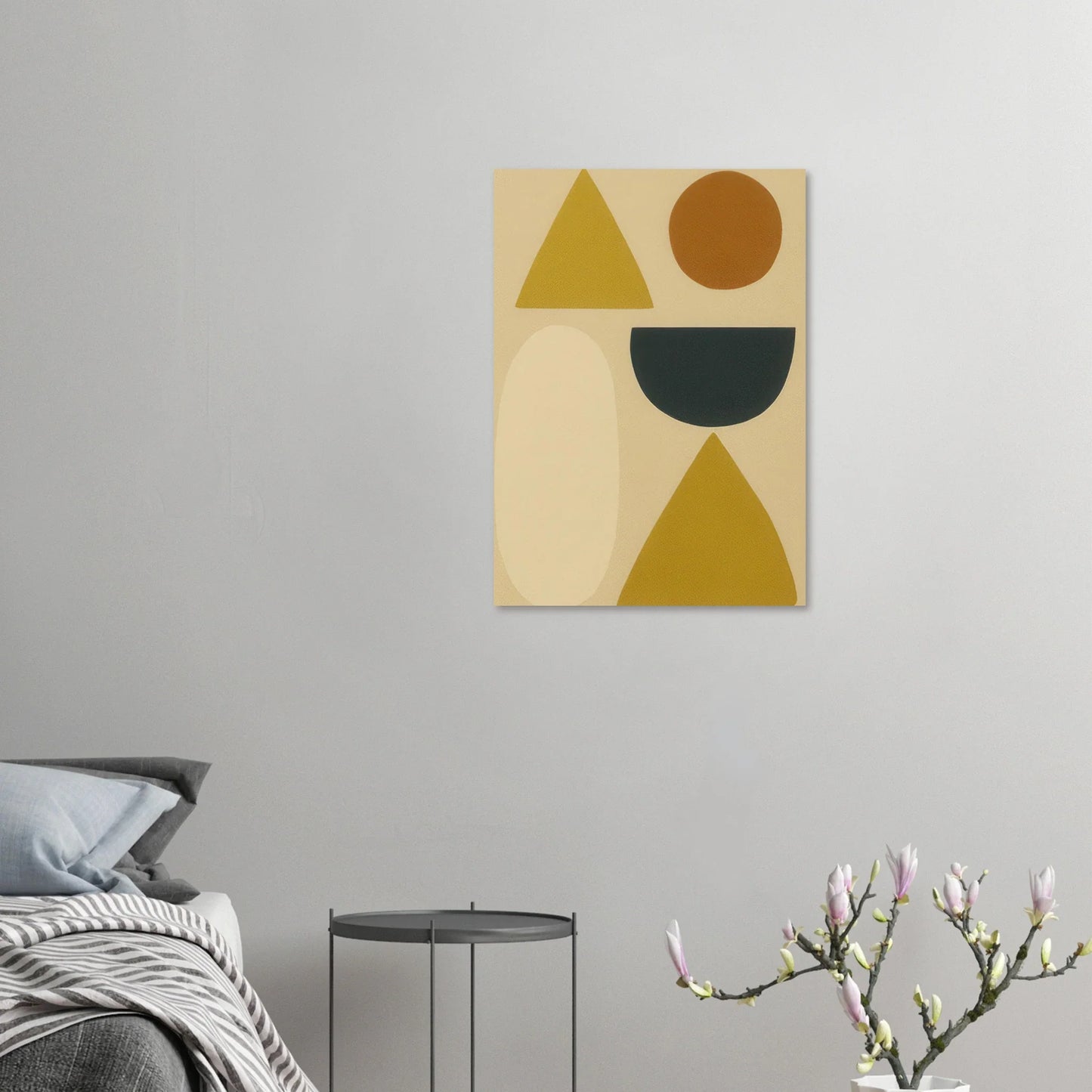 Abstrakt Minimalistisk Geometrisk Konsttryck – Gul, Svart & Rostfärgade Former på Halvblankt Premiumpapper