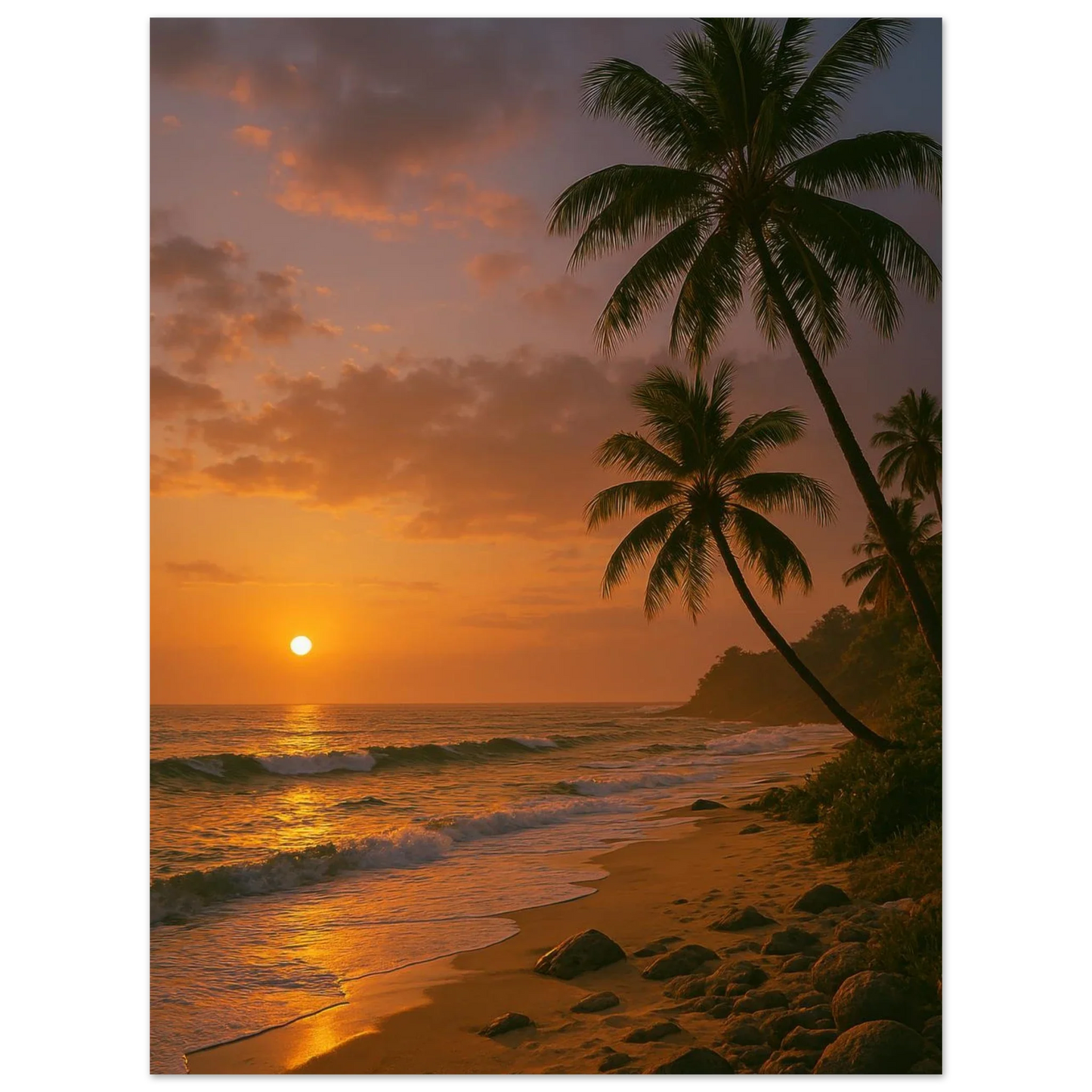 Golden Hour Tropical Sunset Poster - Vibrant Beach Art Print for Your Home