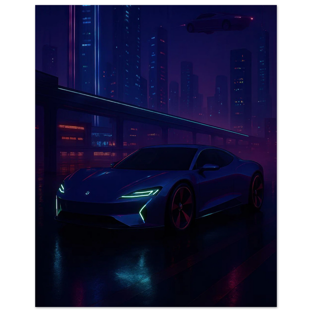 Framtidens Färd: Neo-Noir Stadsvy med Bil Art Print – Välj Din Perfekta Storlek