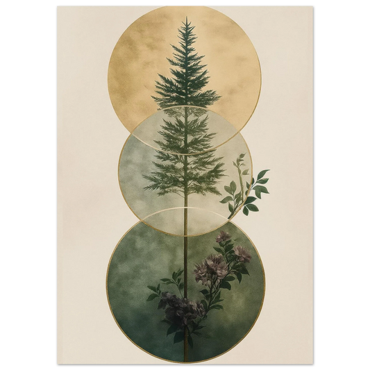 Zen Forest Harmony Abstract Art Poster – Nature-Inspired Green & Gold Modern Wall Decor in Multiple Sizes