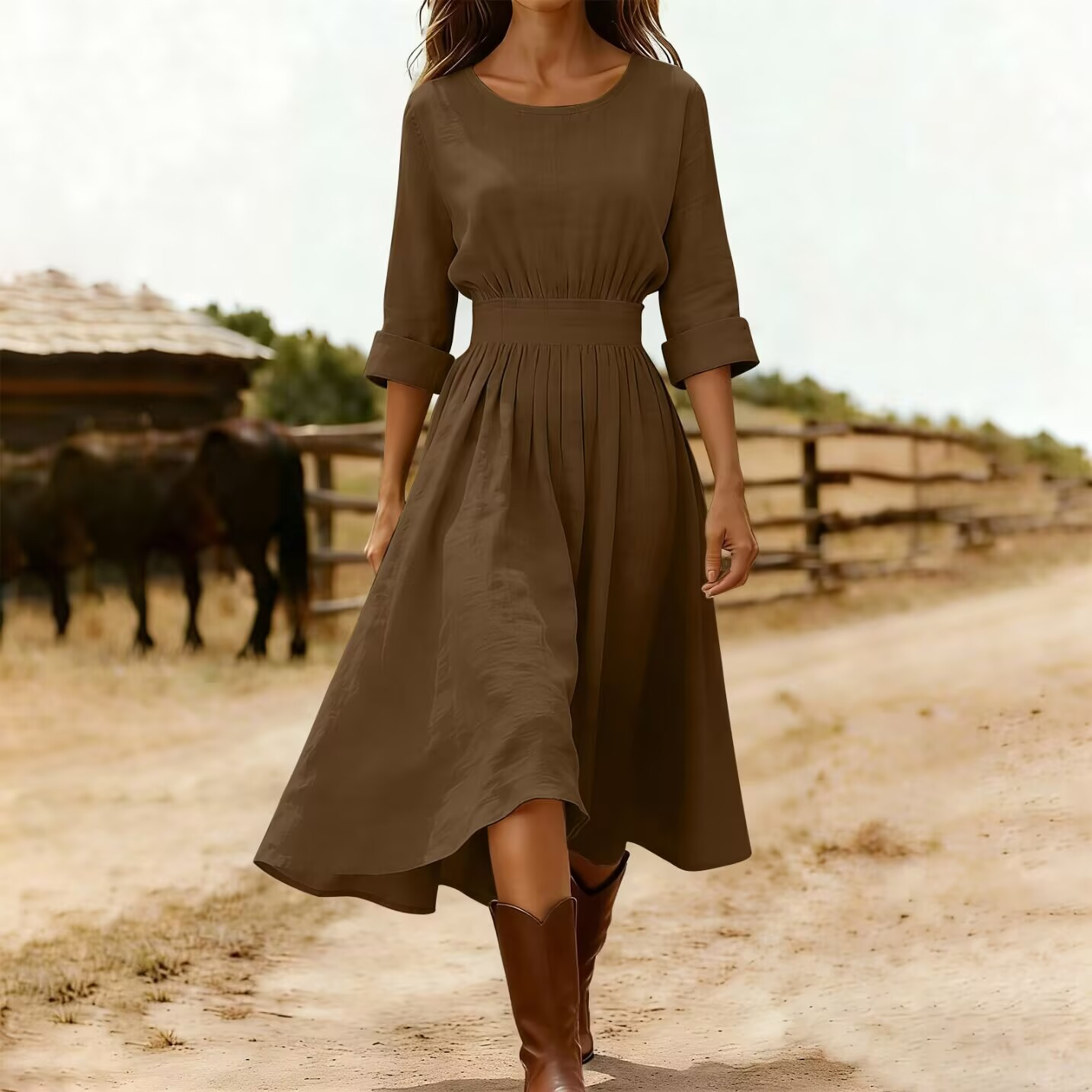 Long-Sleeve Cotton Blend Dress