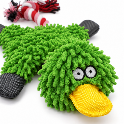 Green Chenille Duck Dog Toy with Rope Tail