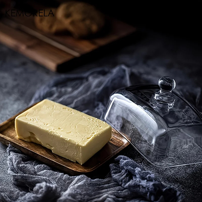 Glass Butter Dish with Wooden Base