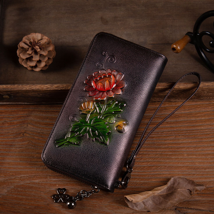 Floral Embossed Leather Zip Wallet