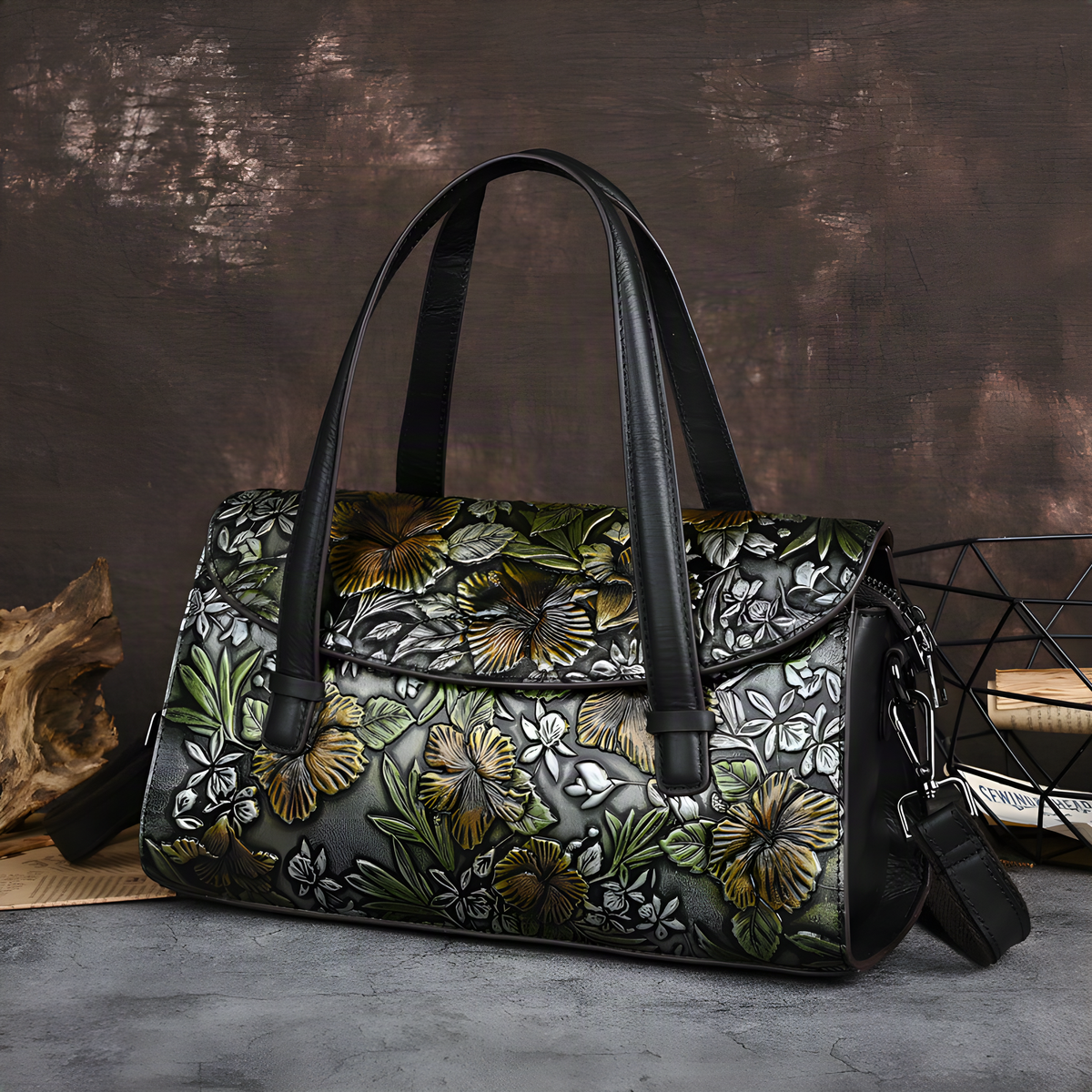 Embossed Floral Leather Shoulder Bag