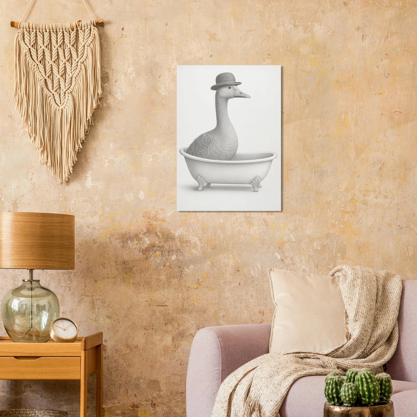 Humorous Bowler Hat Duck in Bathtub Art Print – Whimsical, Unique Home Decor