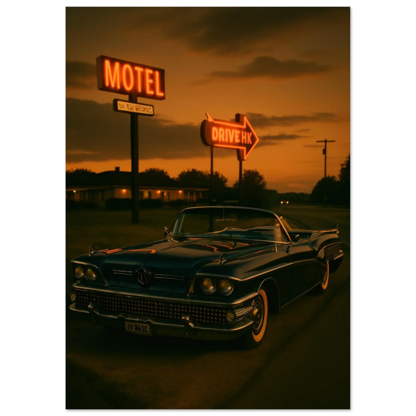 Vintage Sunset Motel Drive: Classic Car Poster - Timeless Retro Vibes