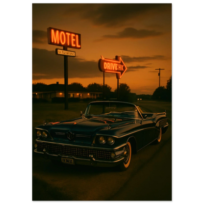 Vintage Sunset Motel Drive: Classic Car Poster - Timeless Retro Vibes