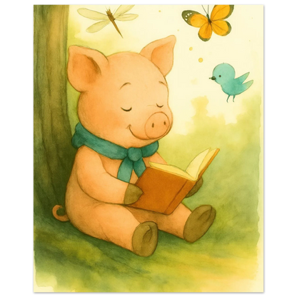 Little Reader Pig: Enchanting Watercolor Art Print for Cozy Spaces