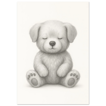 Sleepy Puppy Pencil Sketch Art Print - A Calming & Adorable Nursery Decor Poster