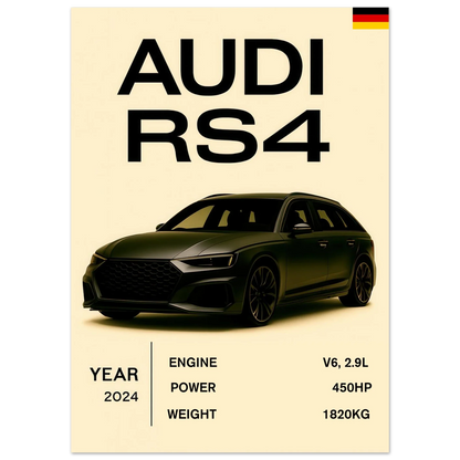 Audi RS4 Sportig Design Affisch – Premium Konsttryck med Halvblank Finish för Bilentusiaster