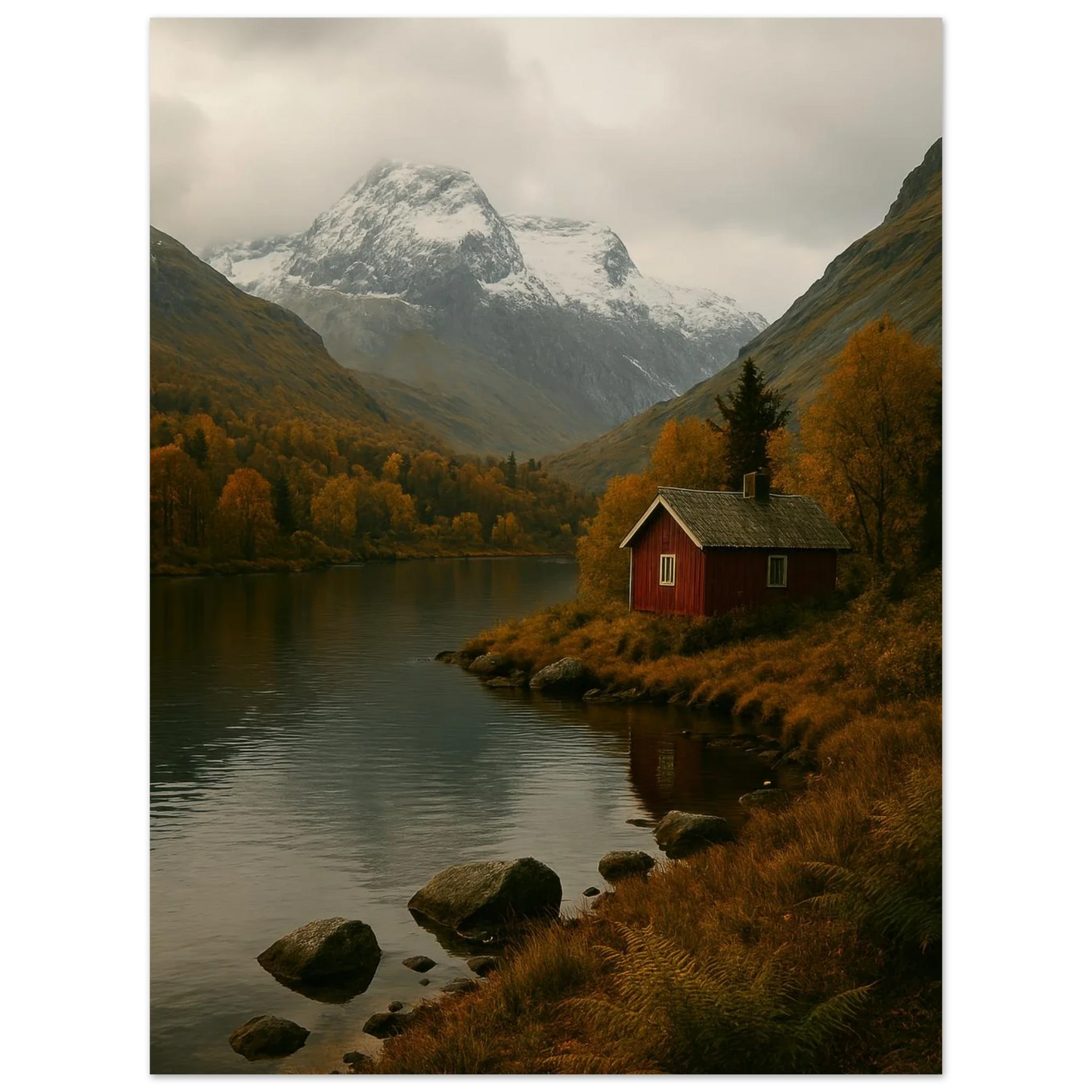 Red Cabin by the Lake: A Serene Autumn Mountain Landscape Poster